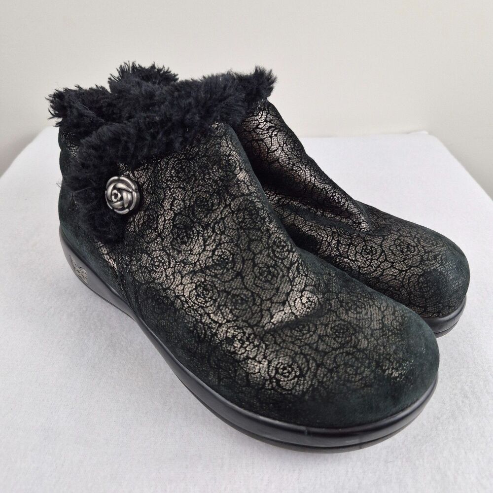 ALEGRIA Women's Meri Ankle Booties sz 9.5 Black Floral Faux fur Side Zip